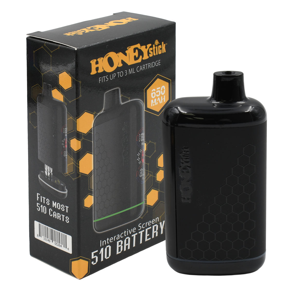 Black option Honeystick Interactive 510 Battery front view w/ Packaging Box