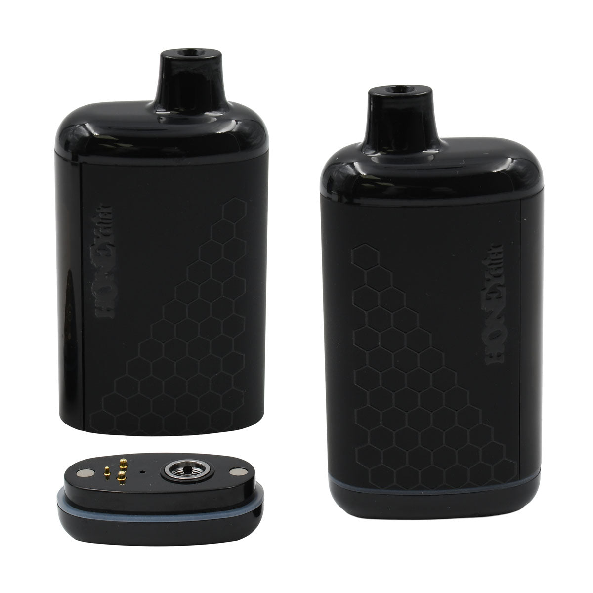 Interactive 510 cart battery Black Color Option. Open with 510 cartridge base and closed view 