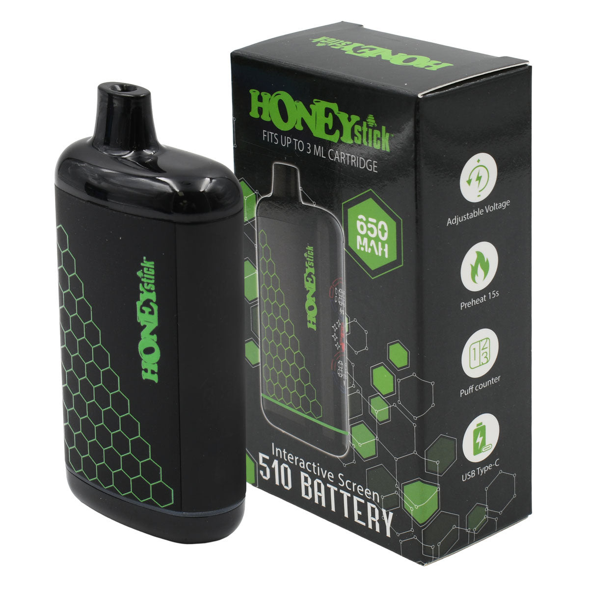 Side view with Honeystick Packaging Box- Interactive 510 cart battery Green Color Option.