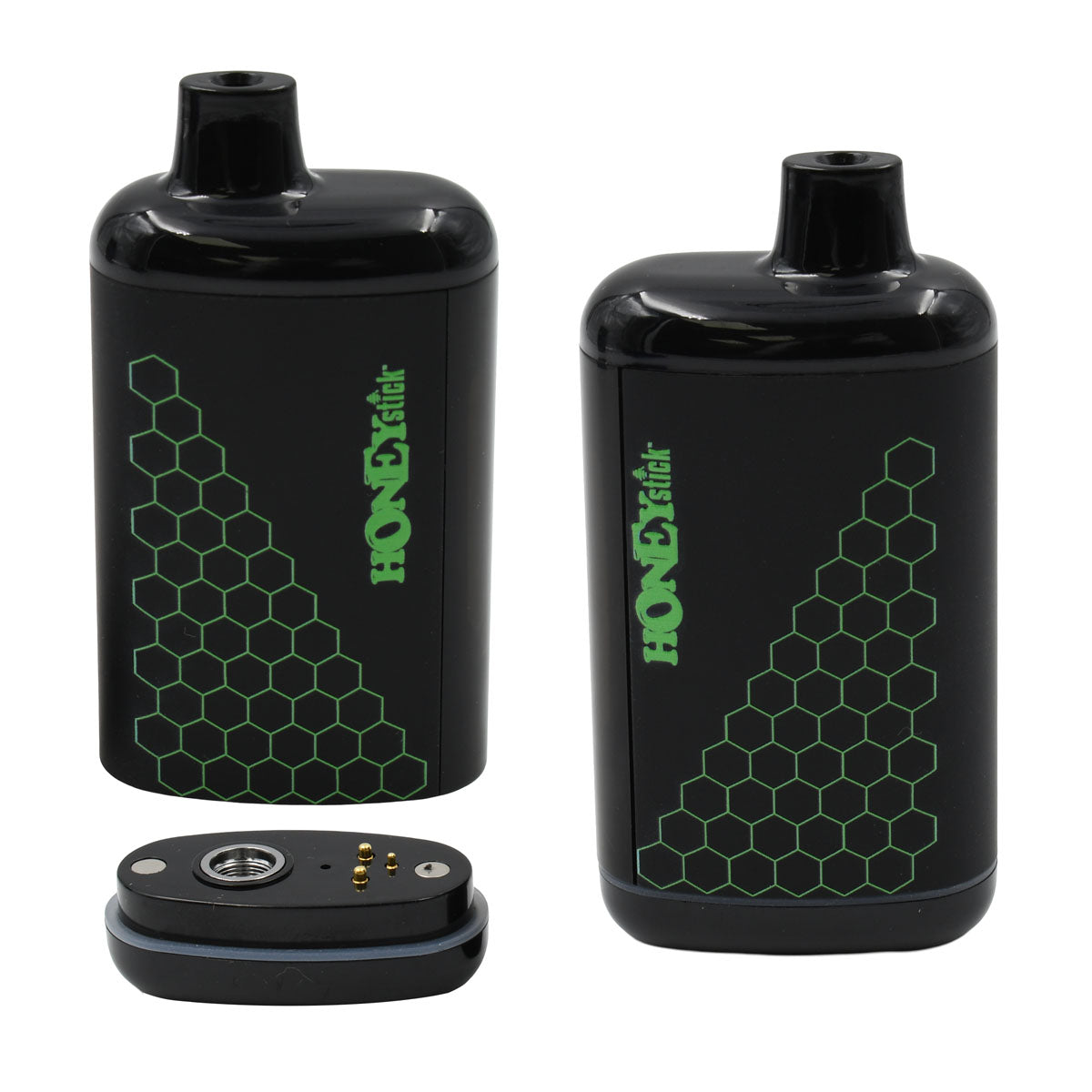 Interactive 510 cart battery Green Color Option. Open with 510 cartridge base and closed view 