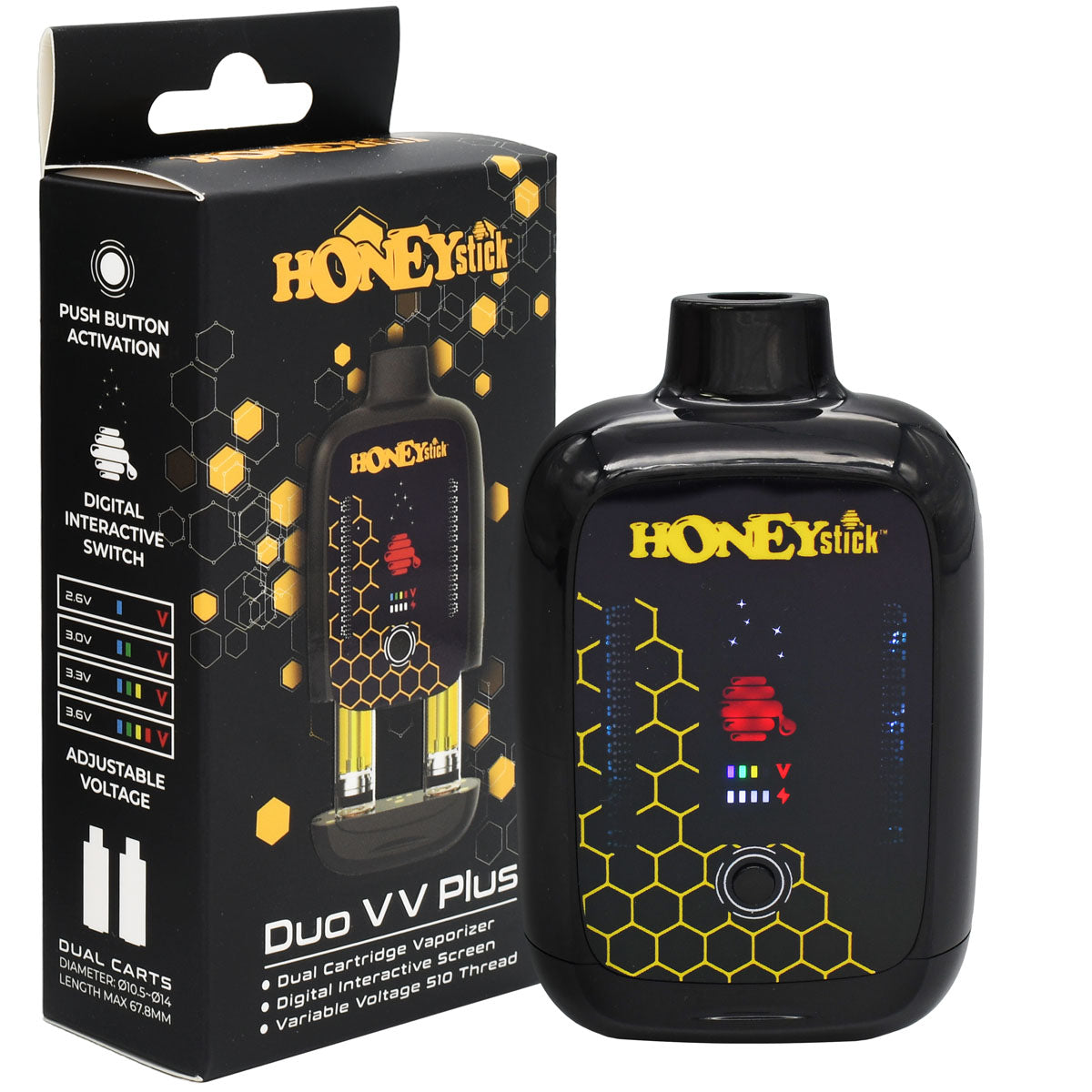 Yellow Variant - Honeystick DUO VV PLUS cart vape with packaging box