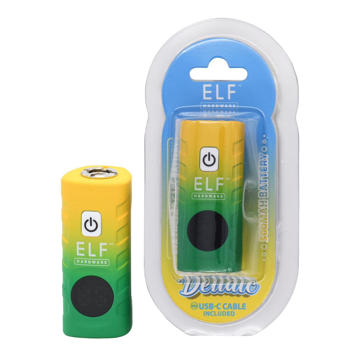 Yellow and Green design of Elf Hardware Deltaic 510 Thread Cart Battery