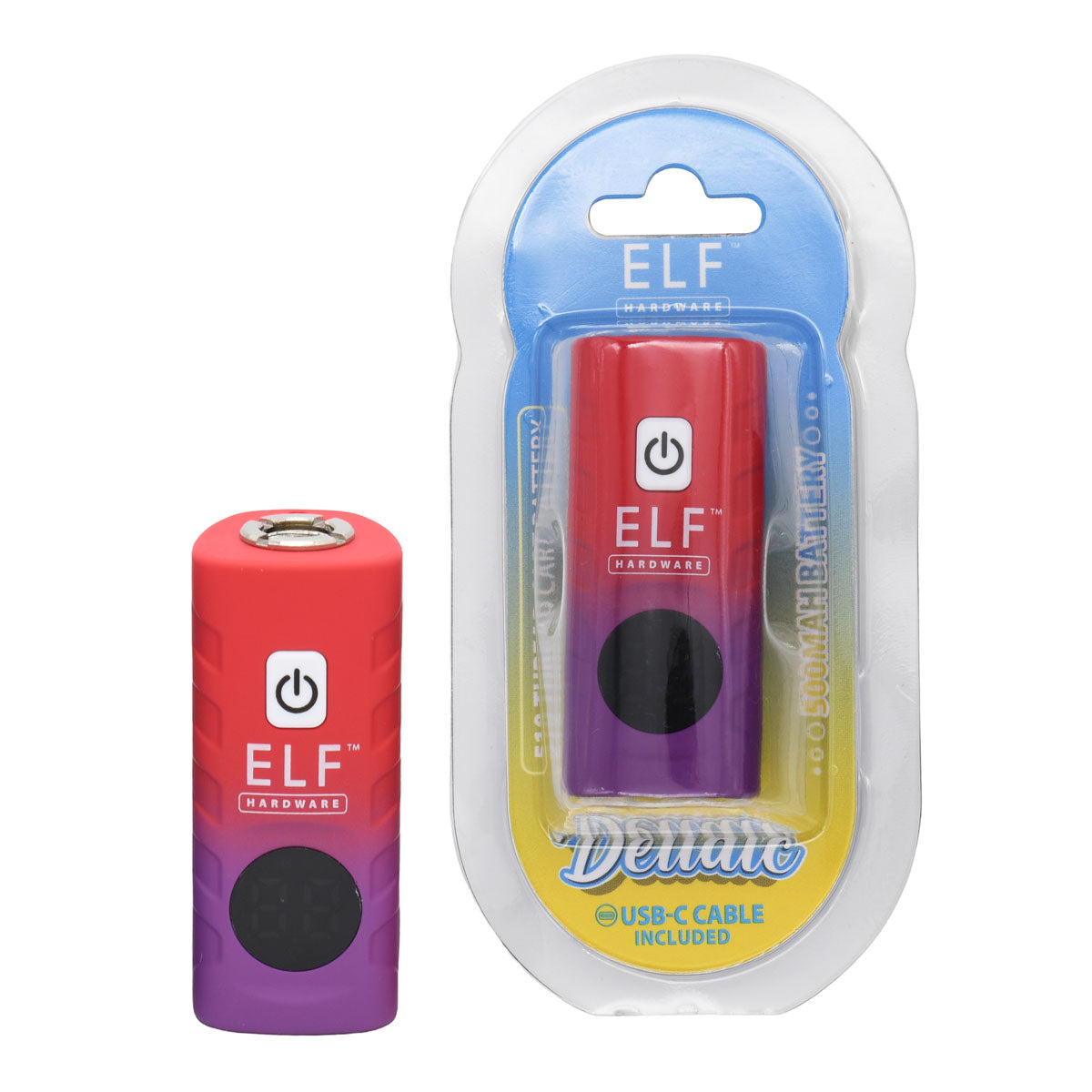 Red and Purple design of Elf Hardware Deltaic 510 Thread Cart Battery