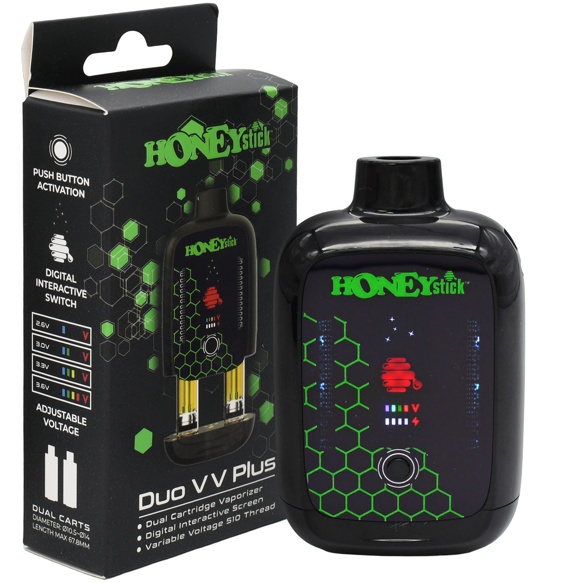 Green Variant - Honeystick DUO VV PLUS cart vape with packaging box